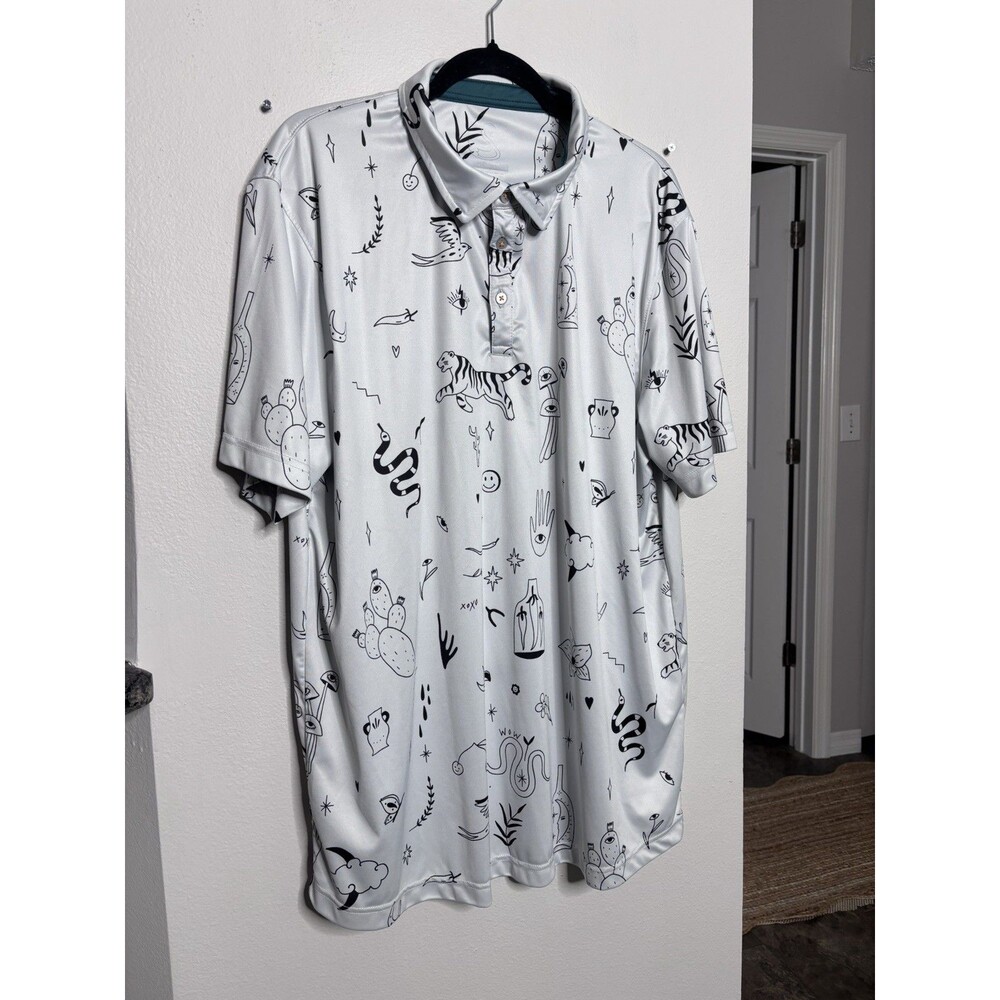 Swannies Polo Shirt XL Brock Doodle Print Pique Performance Golf Tattoo Flash